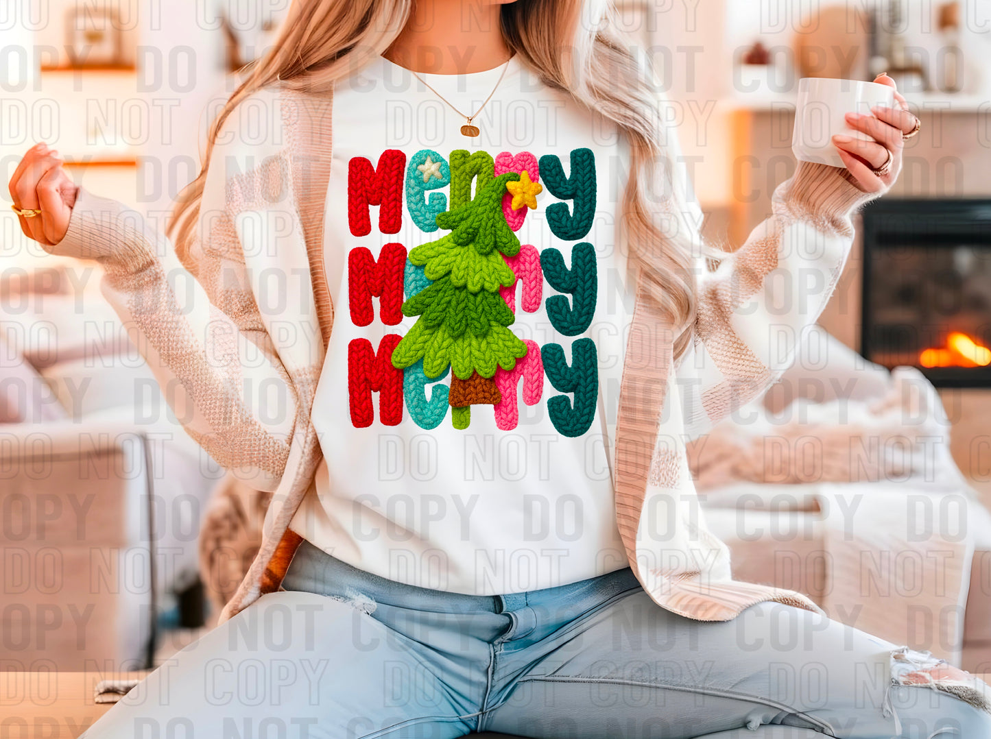 Merry Stacked With Christmas Tree Yarn Faux DTF Transfer