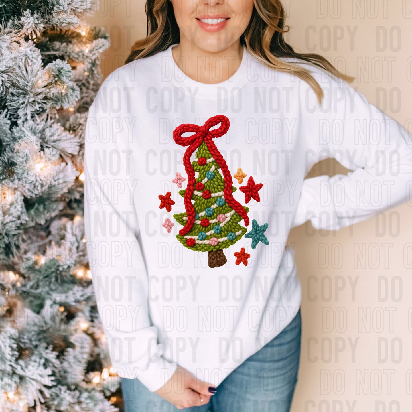 Coquette Christmas Tree & Stars Yarn Faux DTF Transfer