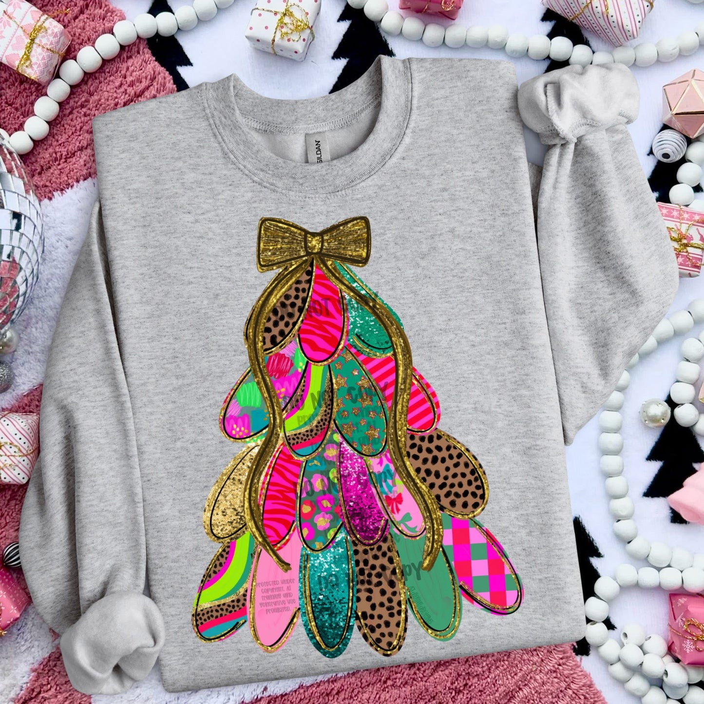 Colorful Christmas Tree With Gold Bow DTF Transfer