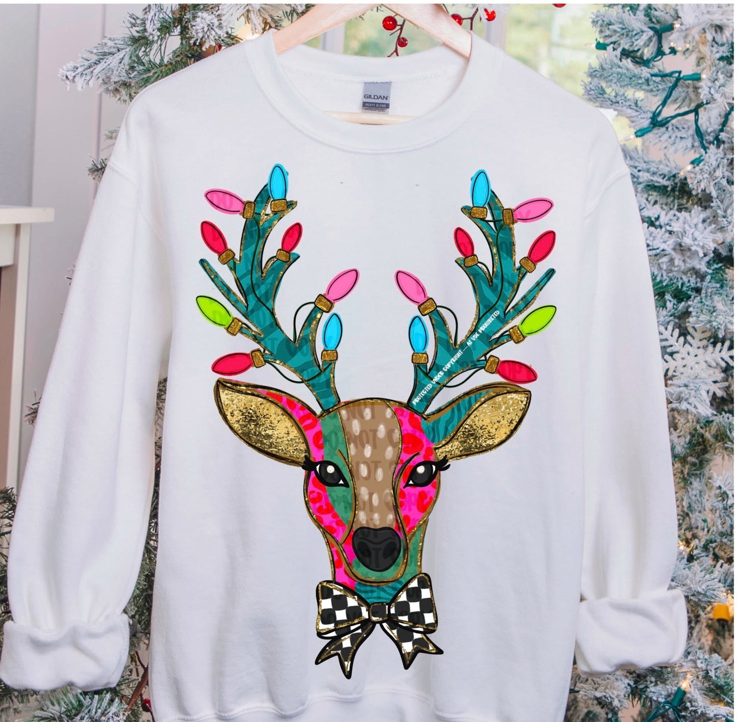 Colorful Reindeer With Checkered Bow DTF Transfer