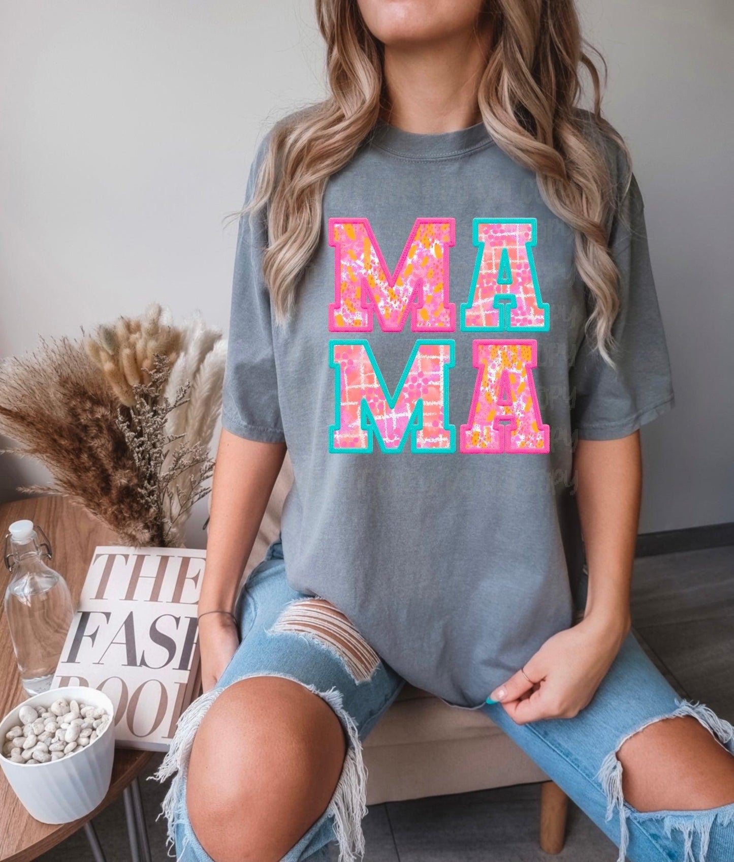 Pink and Orange Mama Faux Embroidery DTF Transfer