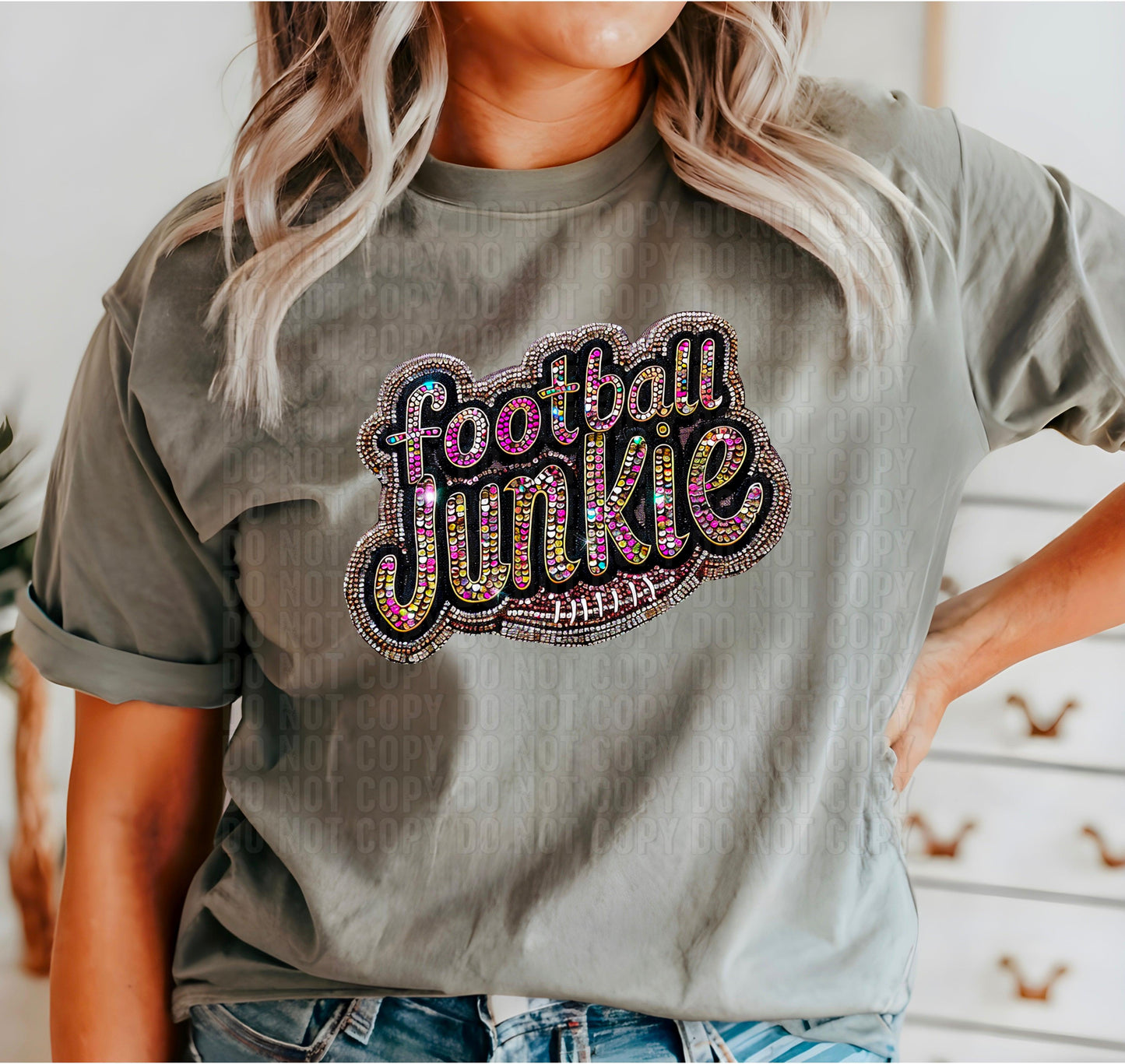 Football Junkie Rhinestone Faux Embroidery DTF Transfer