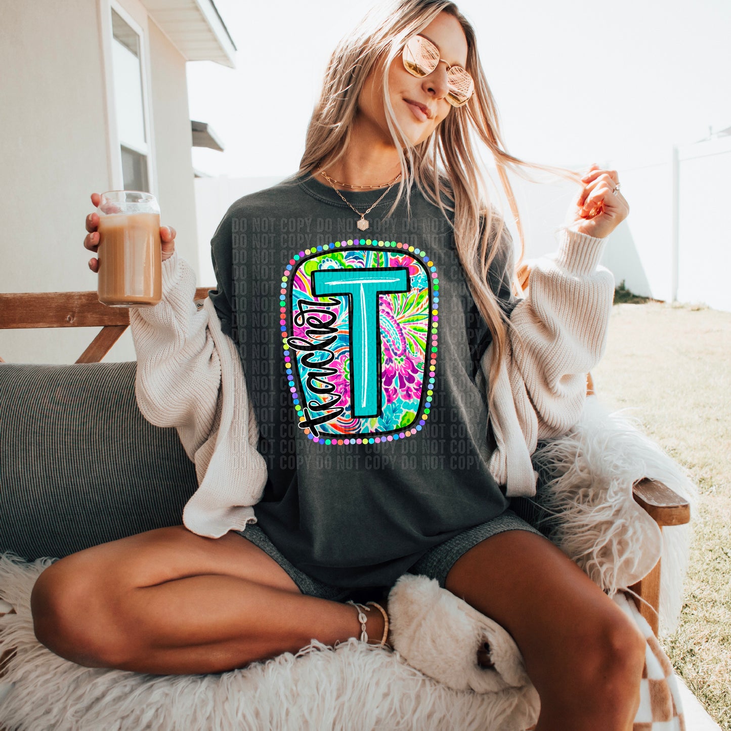 Teacher T Scribble Letter Bright Paisley Floral Background DTF Transfer