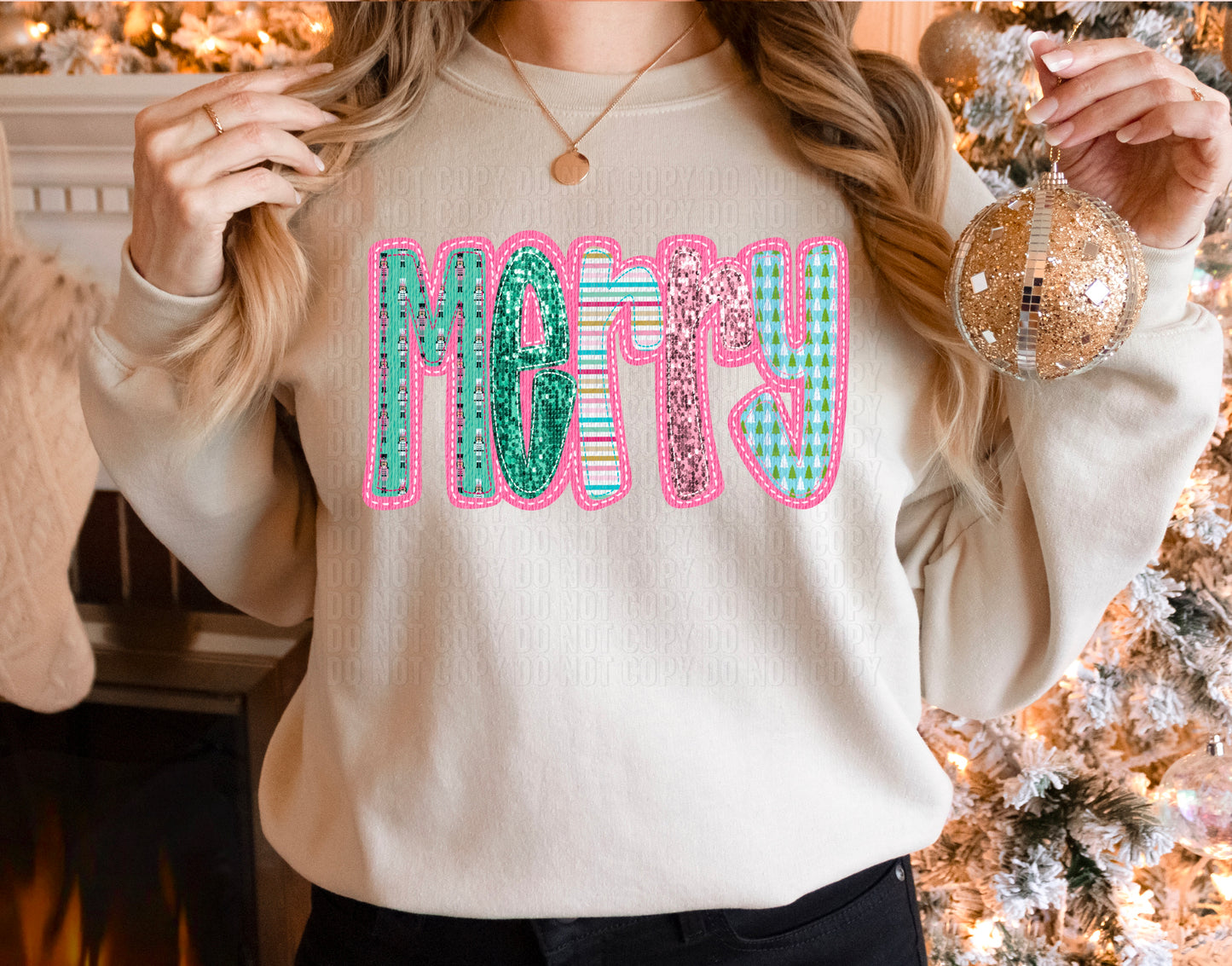 Merry Pink/Green Faux Applique DTF Transfer