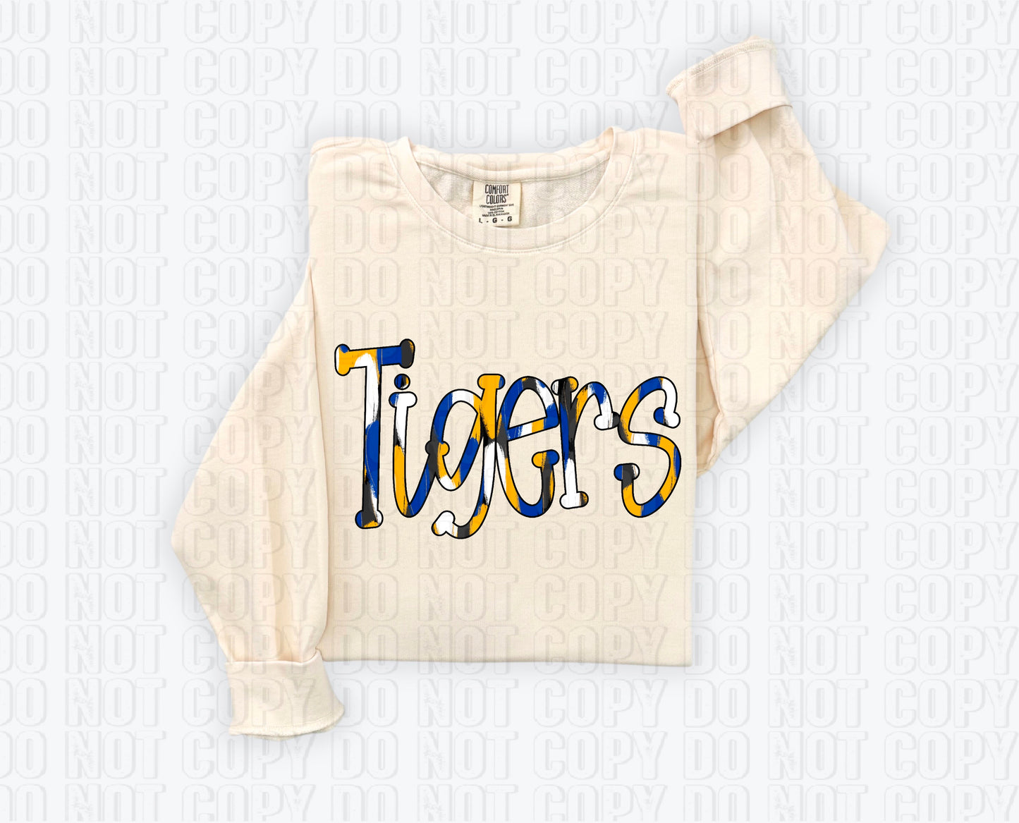 Tigers Funky Spotted Serif Mascot Royal Blue/Yellow Gold DTF Transfer