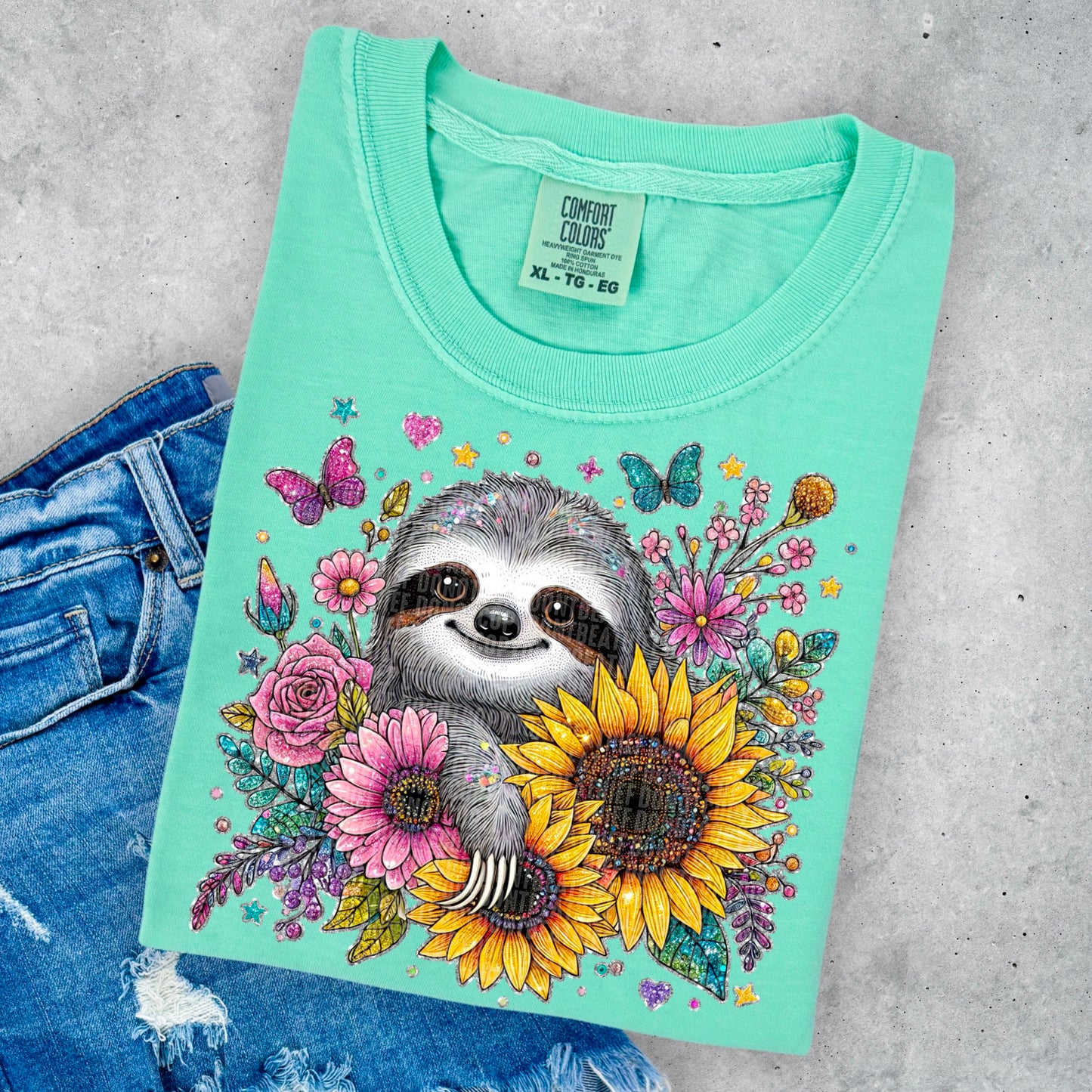 Sloth Sunflowers Glittery DTF Transfer