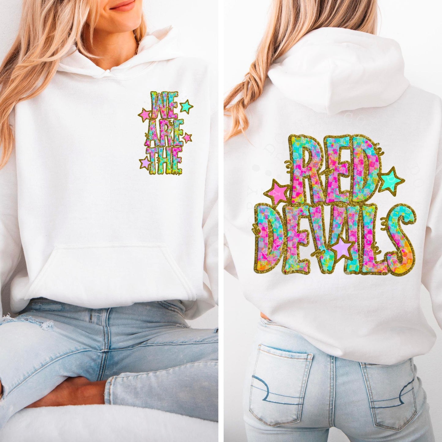 Red Devils Star Neon Checker Mascot Front/Back DTF Transfer