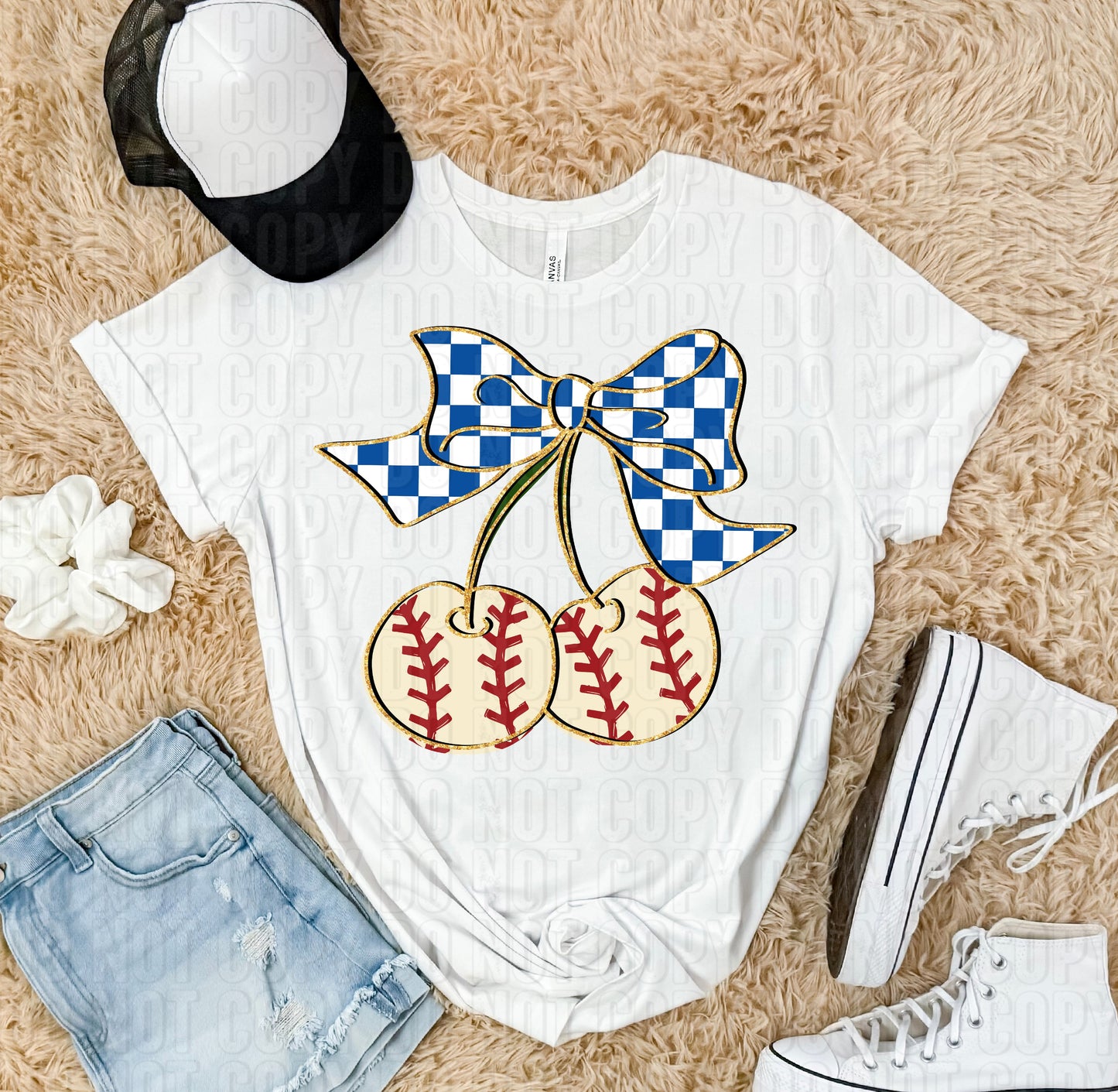 Baseball Checkered Cherry Bow DTF Transfer