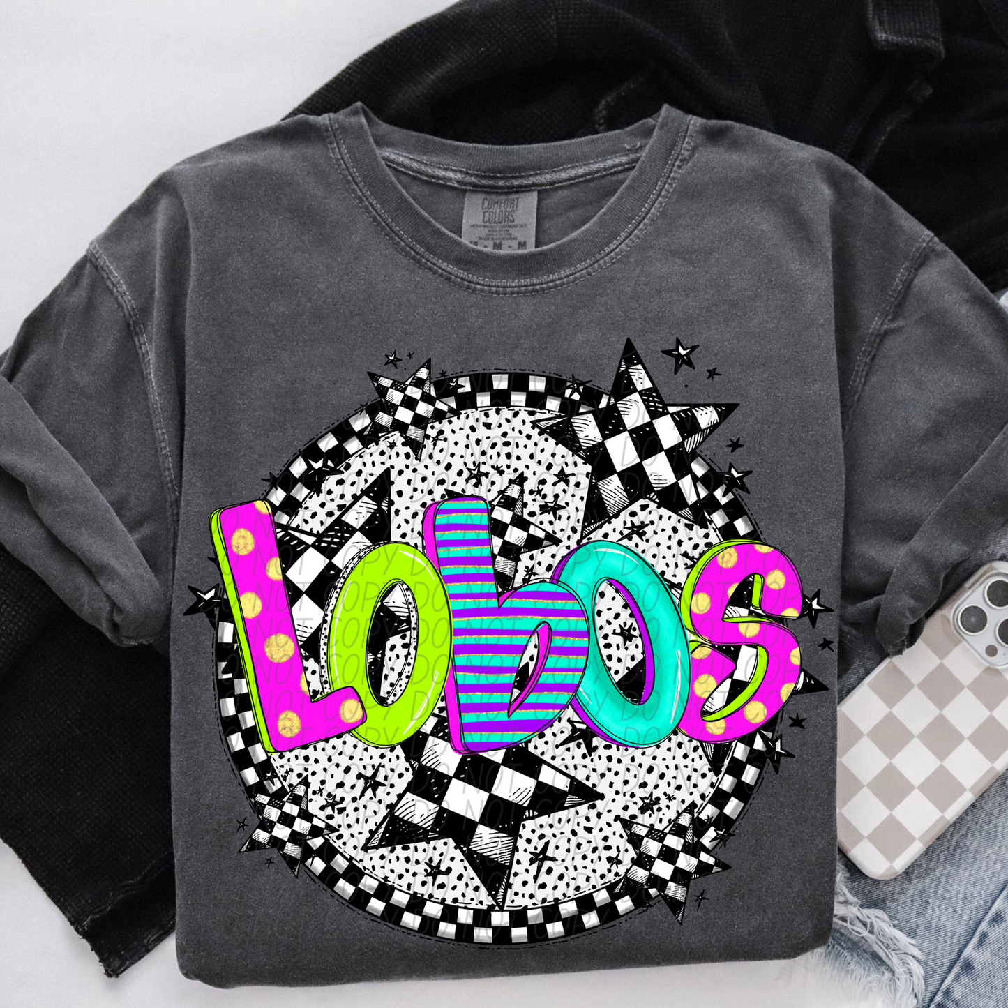 Lobos Mascot Neon Checker DTF Transfer