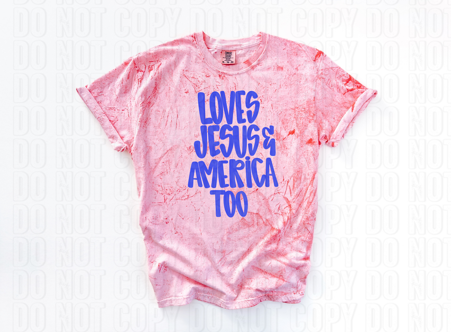 Loves Jesus & America Too Blue Words DTF Transfer