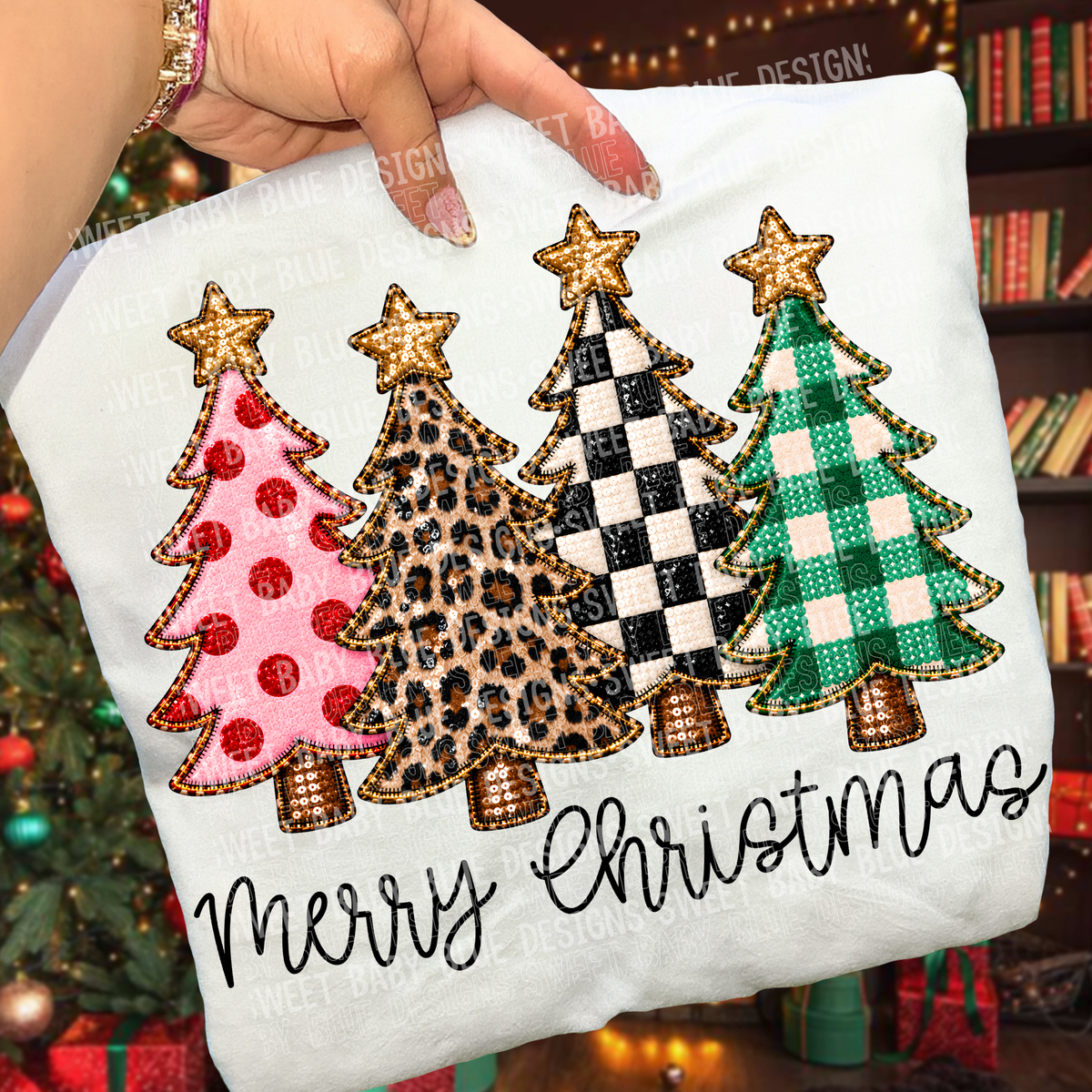 Merry Christmas Trees Faux Sequin Embroidery DTF Transfer