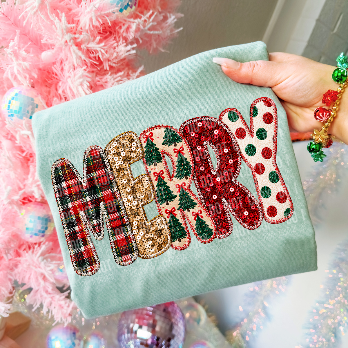 Merry Faux Sequin Embroidery DTF Transfer