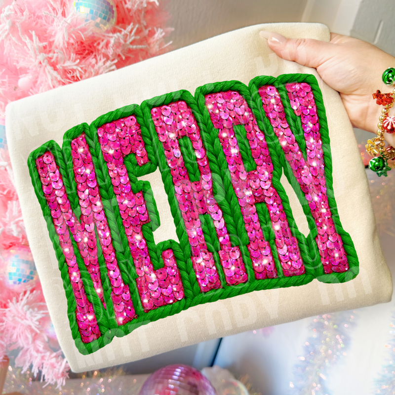 Merry Pink/Green Sequin Yarn Faux DTF Transfer