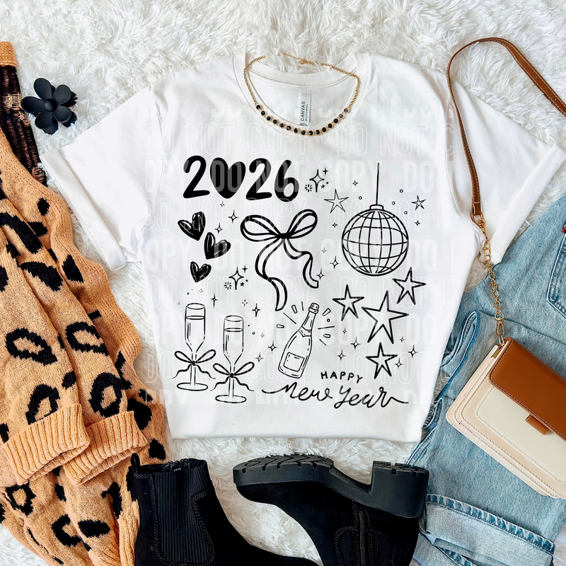 2026 New Year Doodle Black DTF Transfer