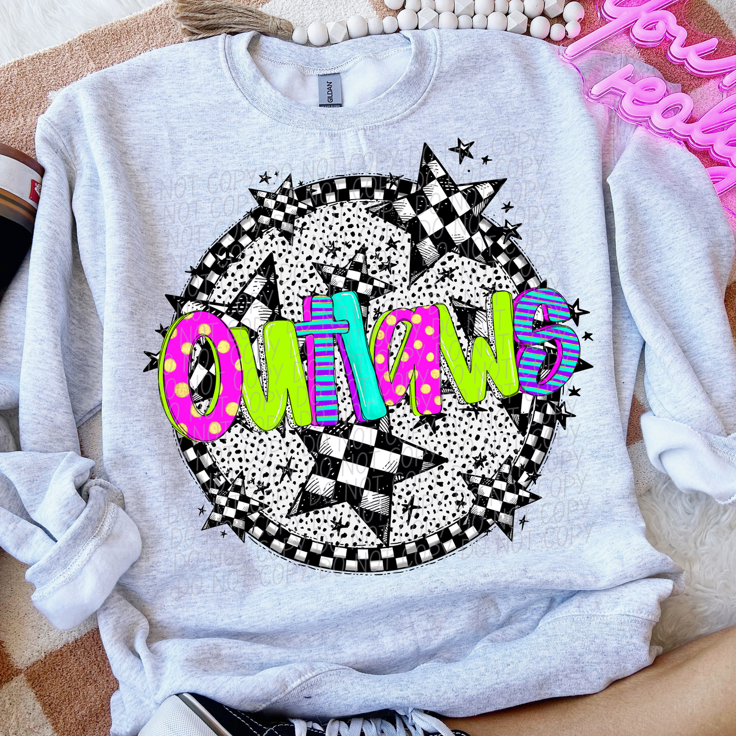 Outlaws Mascot Neon Checker DTF Transfer