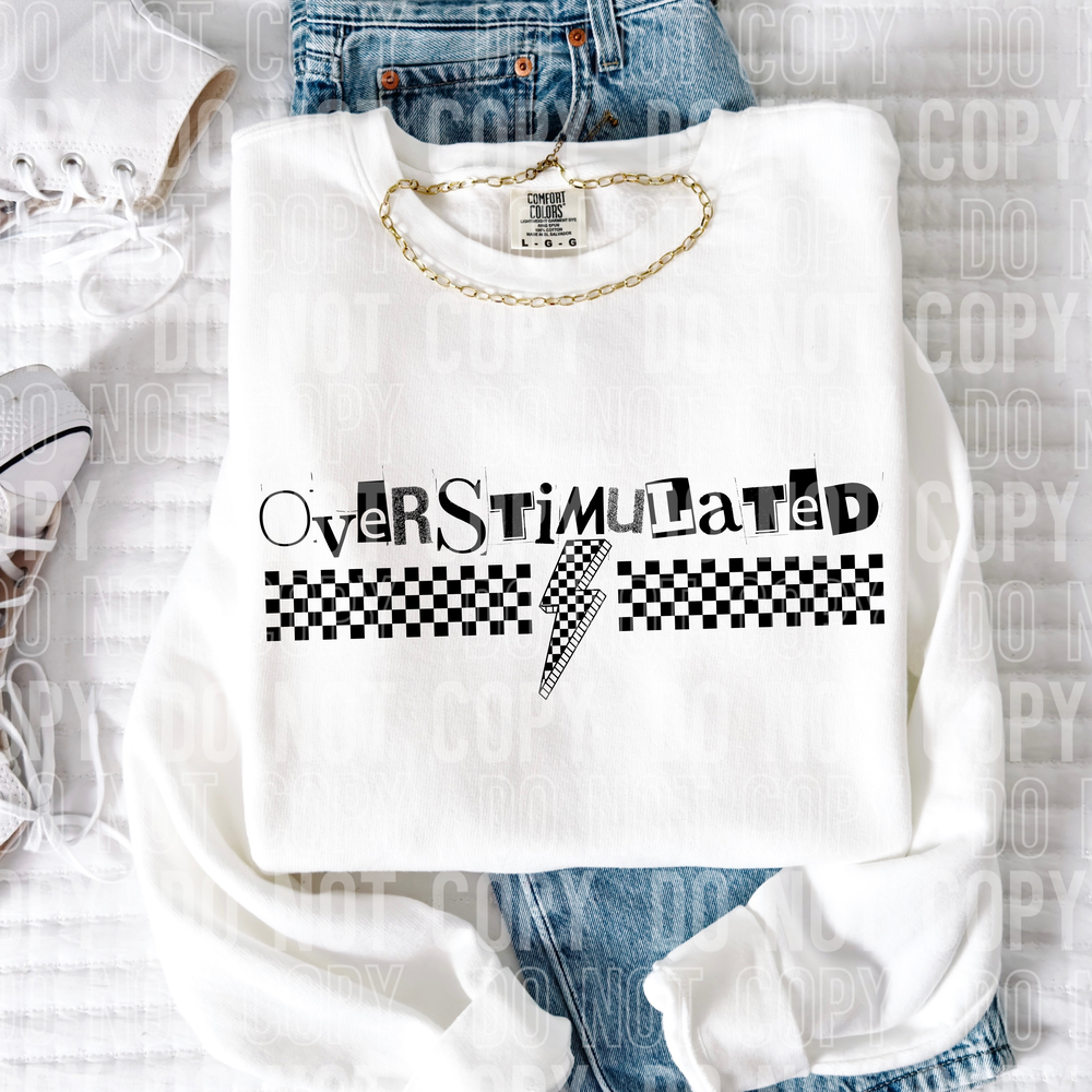 Overstimulated Checkered Bolt Word DTF Transfer