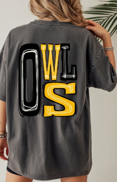 Owls Yellow Gold/Black Sporty Mascot DTF Transfer