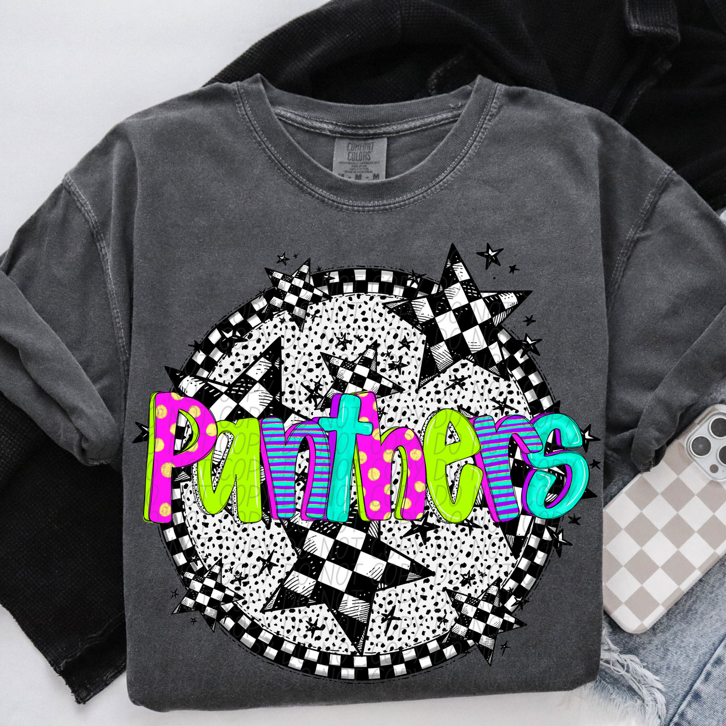 Panthers Mascot Neon Checker DTF Transfer