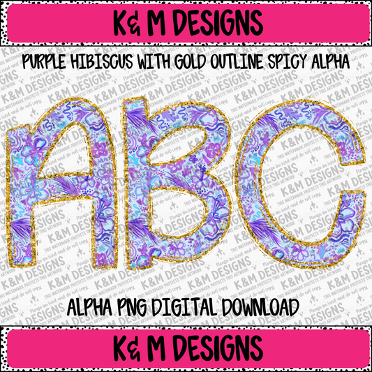 Purple Hibiscus W/ Gold Outline Spicy Alpha PNG Set Digital Download