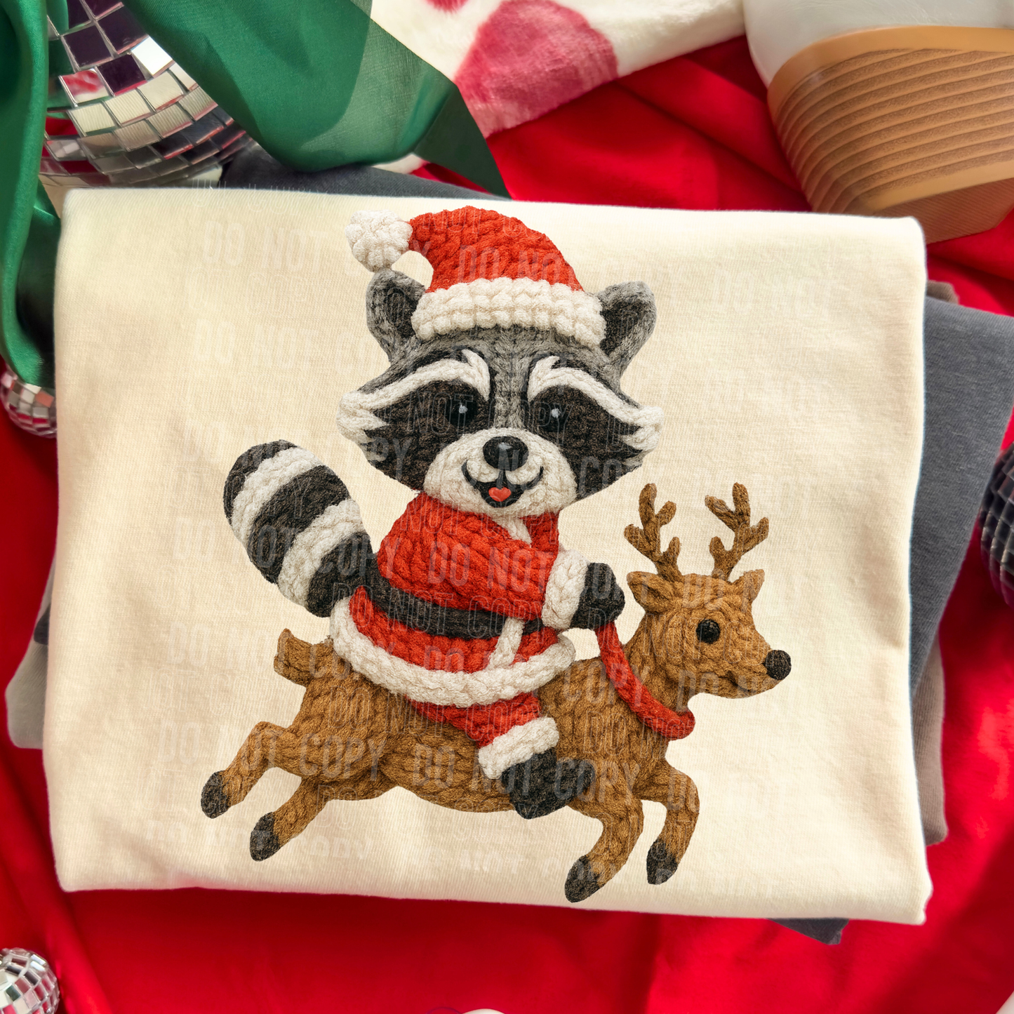 Racoon On Reindeer Yarn Faux DTF Transfer