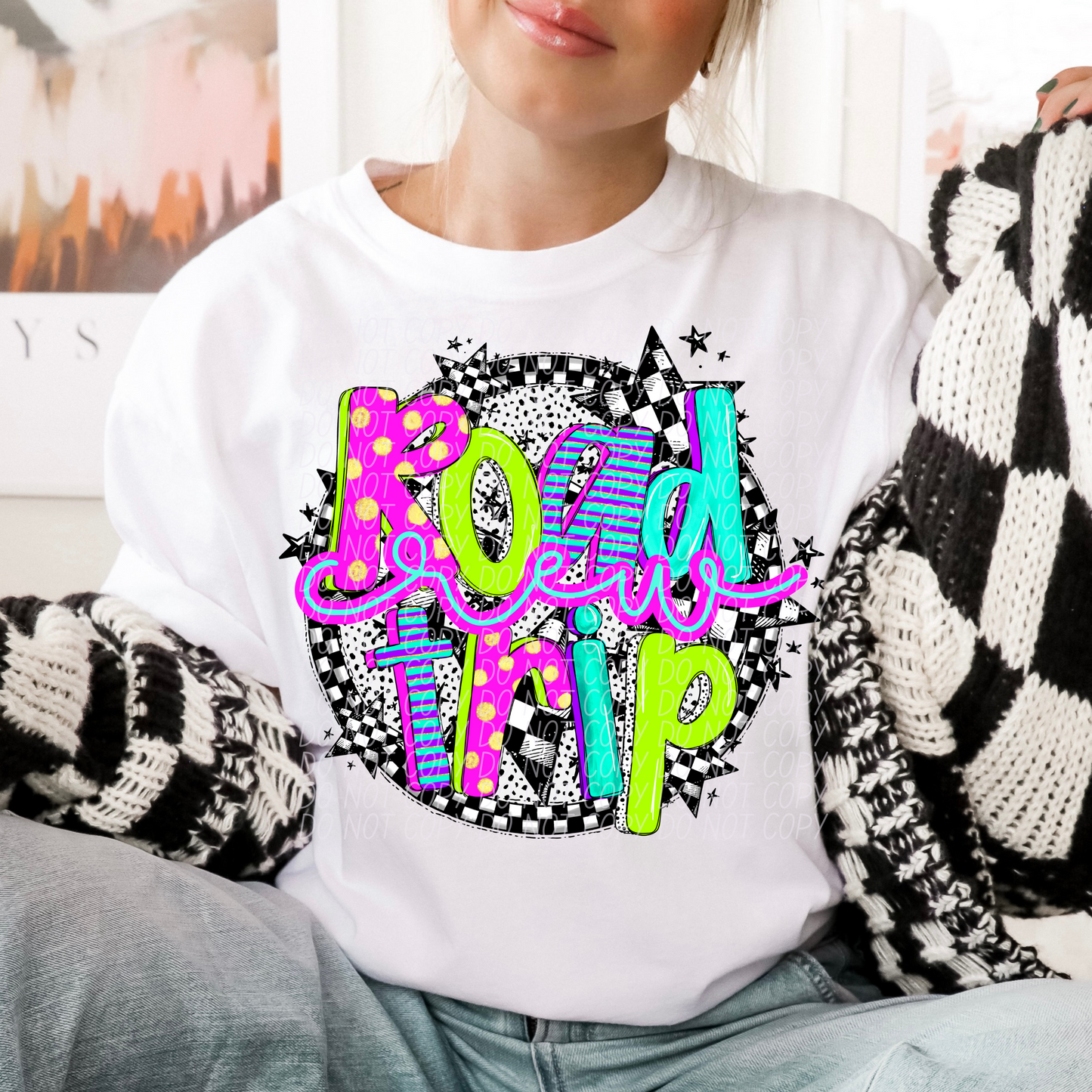 Road Trip Crew Neon Checker DTF Transfer