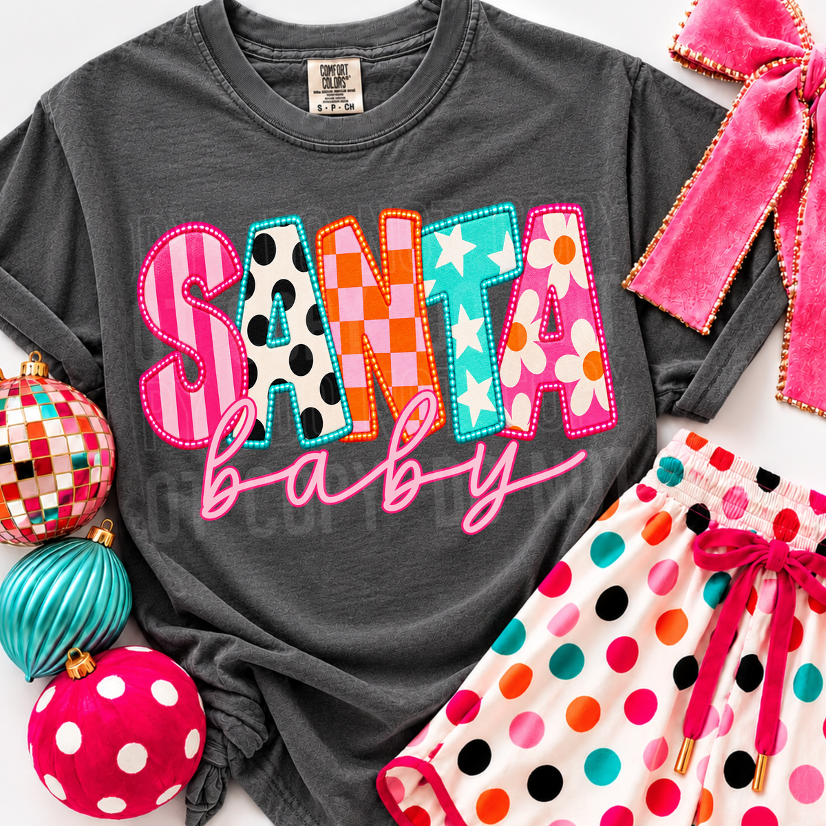 Santa Baby Stripes, Dots & Daisies DTF Transfer