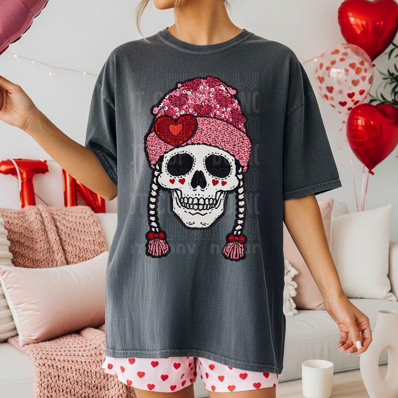 Skeleton Valentine Embroidery Faux DTF Transfer