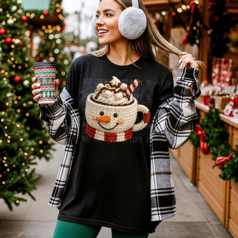 Snowman Hot Cocoa Yarn Faux DTF Transfer