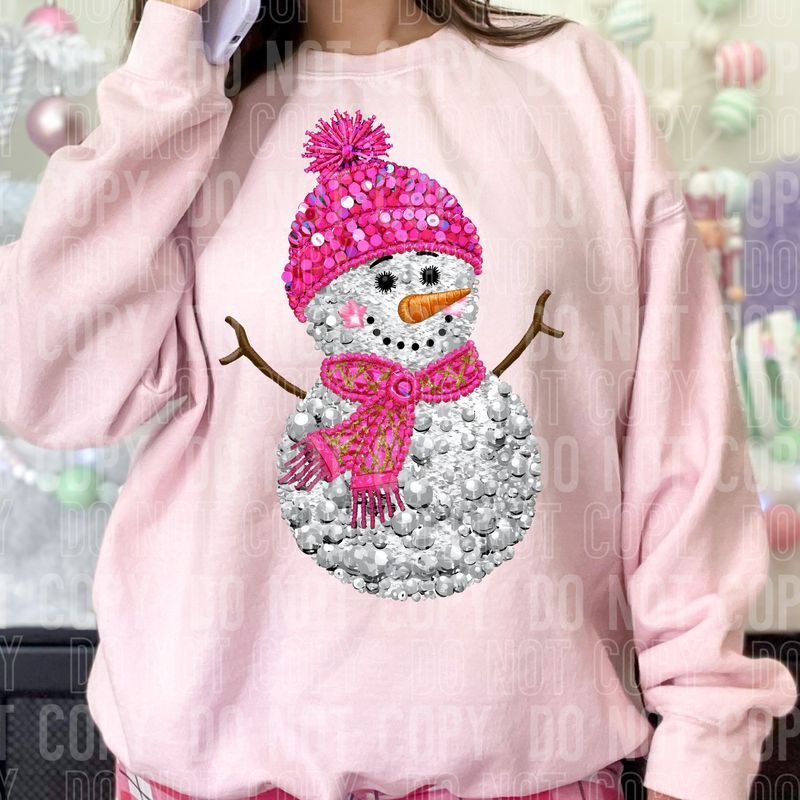 Snowman Pink Sequined Faux DTF Transfer