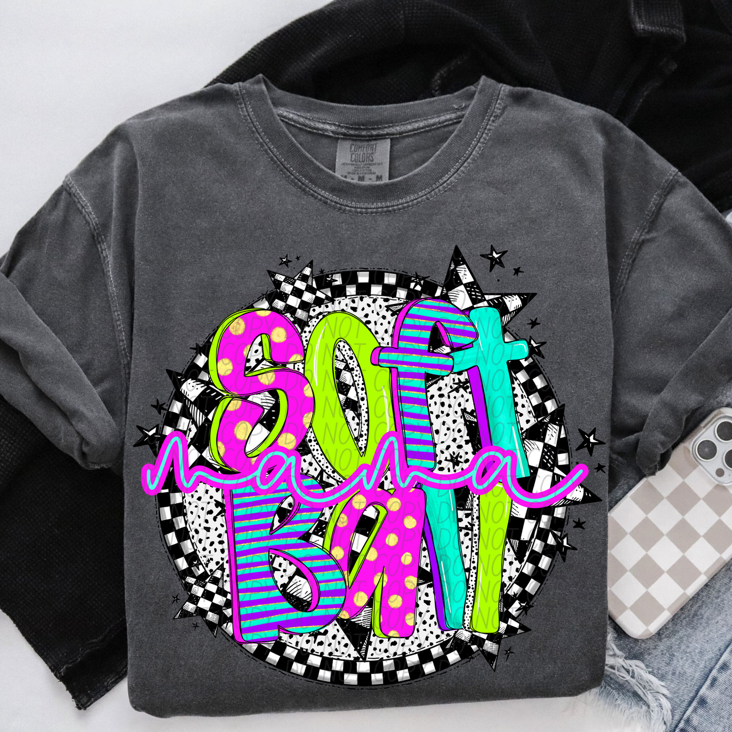 Softball Mama Neon Checker DTF Transfer