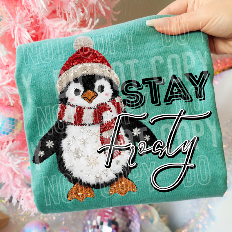 Stay Frosty Penguin Sequin Yarn Faux DTF Transfer