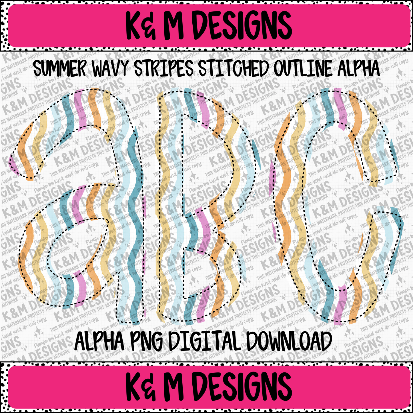 Summer Wavy Stripes Stitched Outline Alpha PNG Set Digital Download