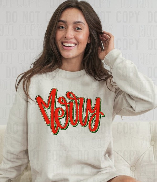 Merry Red Green Gold Outline DTF Transfer