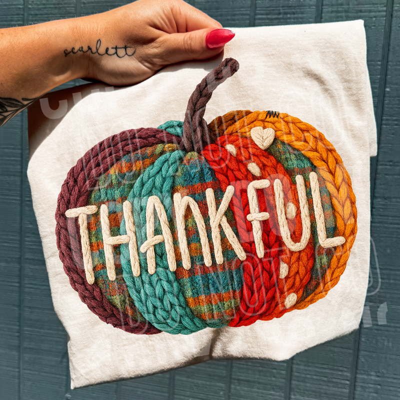 Thankful Plaid Pumpkin Yarn Faux DTF Transfer