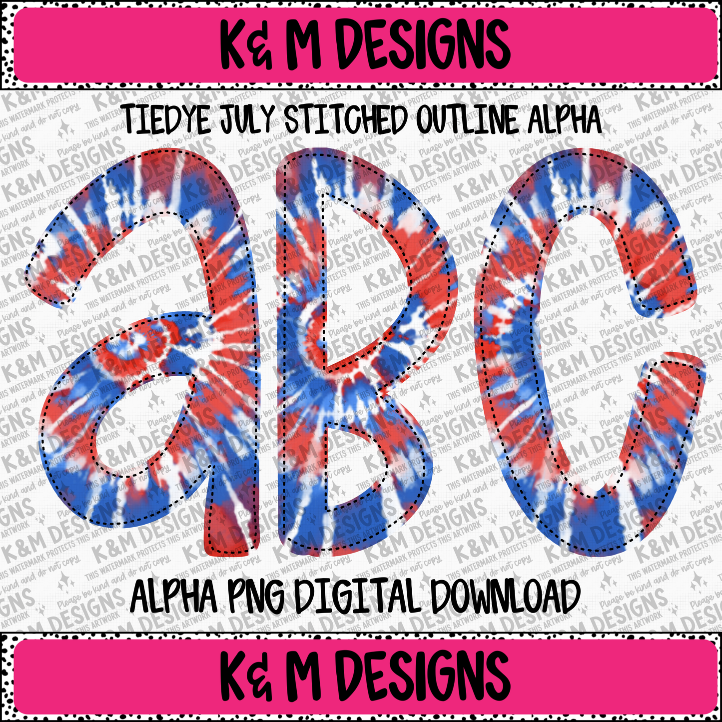TieDye July Stitched Outline Alpha PNG Set Digital Download