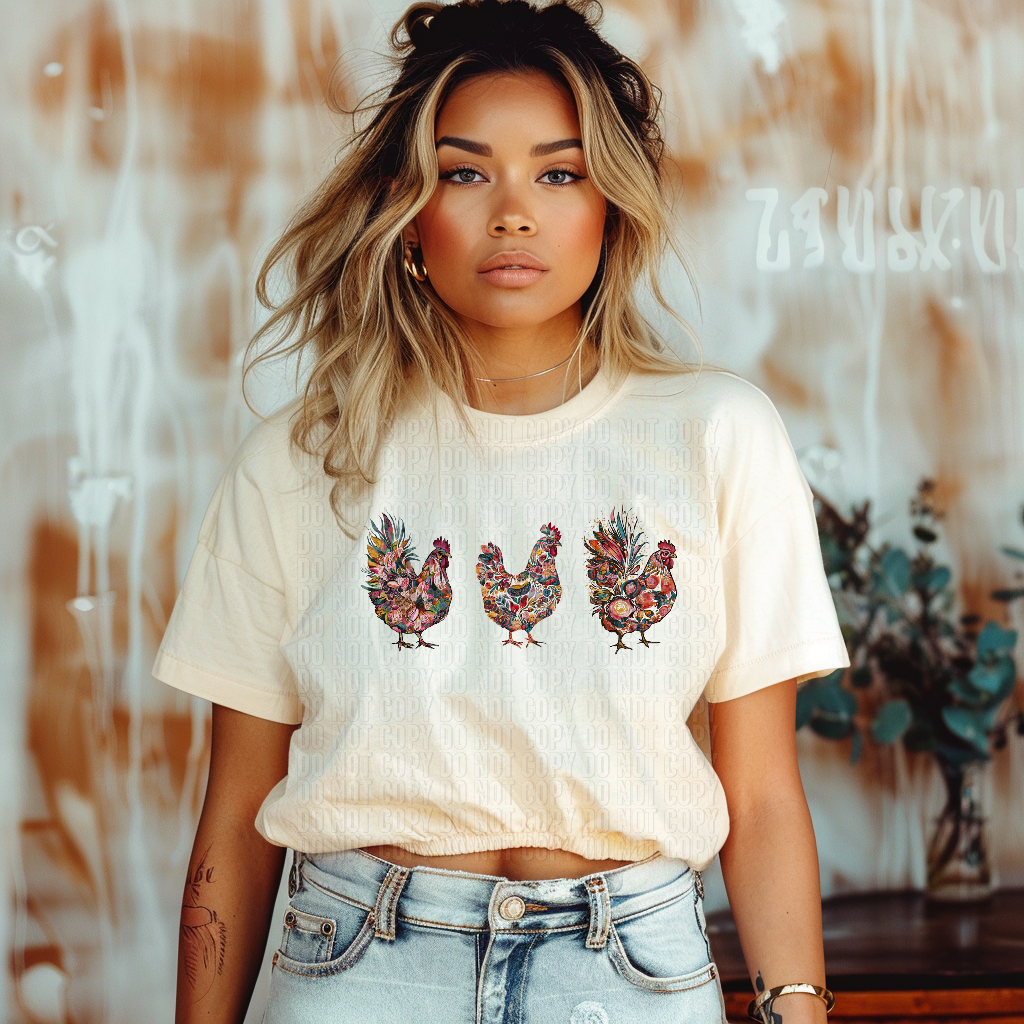 Floral Chicken Trio DTF Transfer