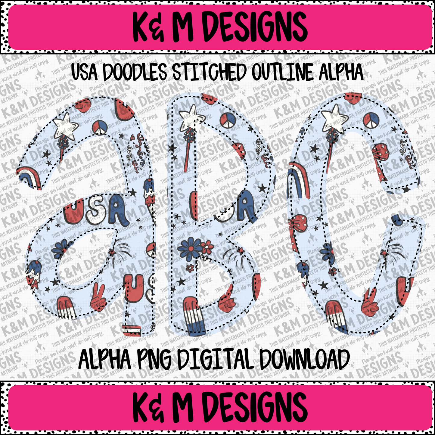 USA Doodles Stitched Outline Alpha PNG Set Digital Download