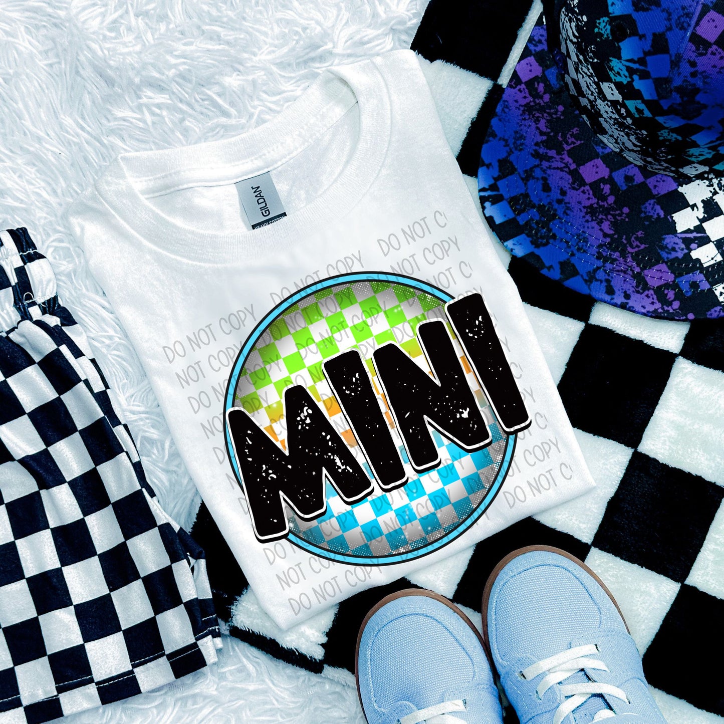 Neon Mini Checkered Lime Green/Blue Circle DTF Transfer