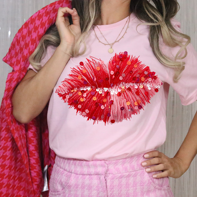 Valentine's Day Lips Yarn & Sequin Faux DTF Transfer