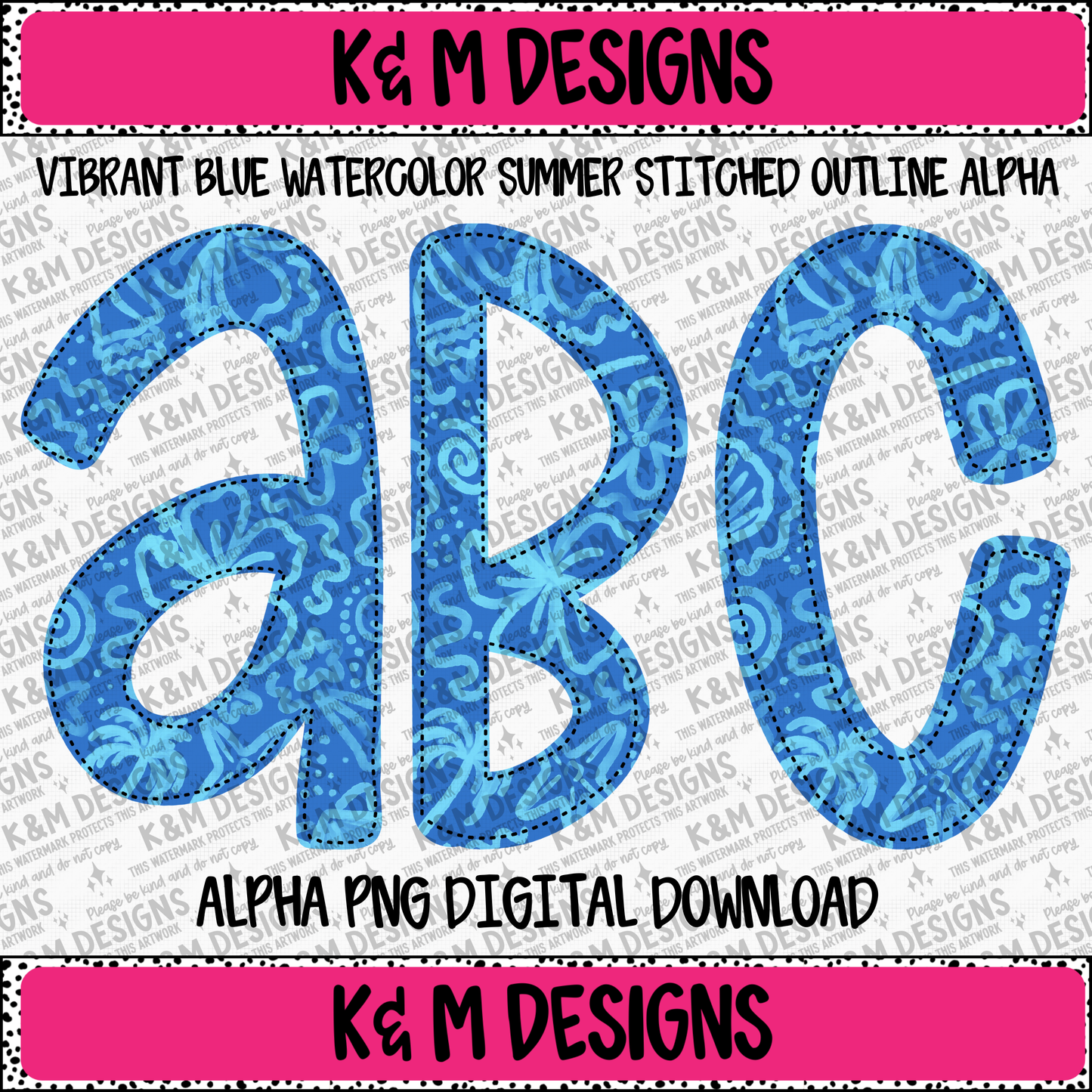 Vibrant Blue Watercolor Summer Stitched Outline Alpha PNG Set Digital Download