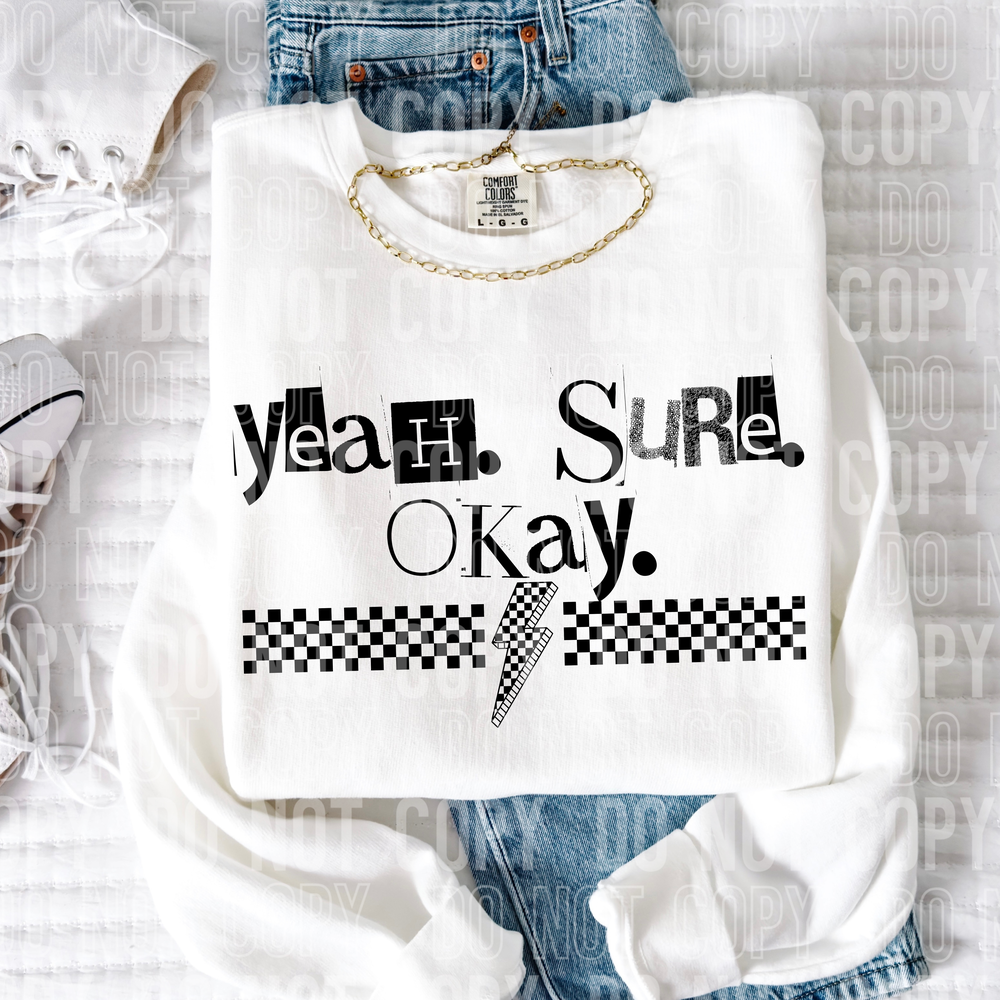 Yeah Sure Okay Checkered Bolt Word DTF Transfer