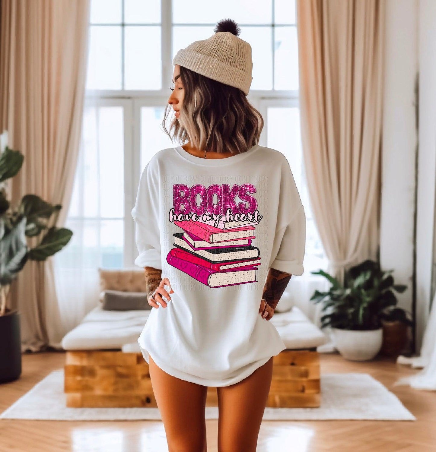 Books Have My Heart Pink Sequined DTF Transfer