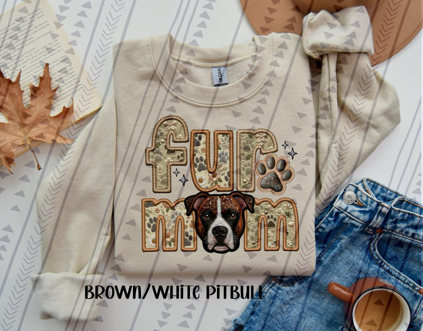 Brown/White Pitbull Fur Mom Embroidery Faux DTF Transfer