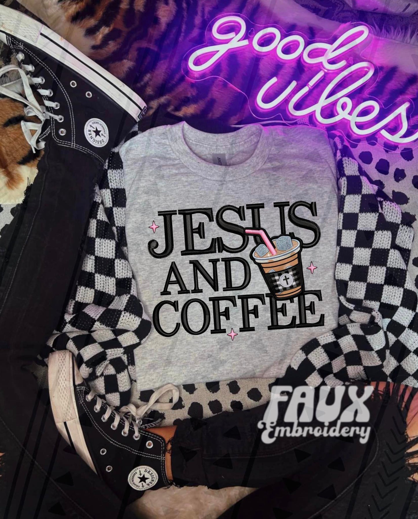 Jesus And Coffee Faux Embroidery DTF Transfer