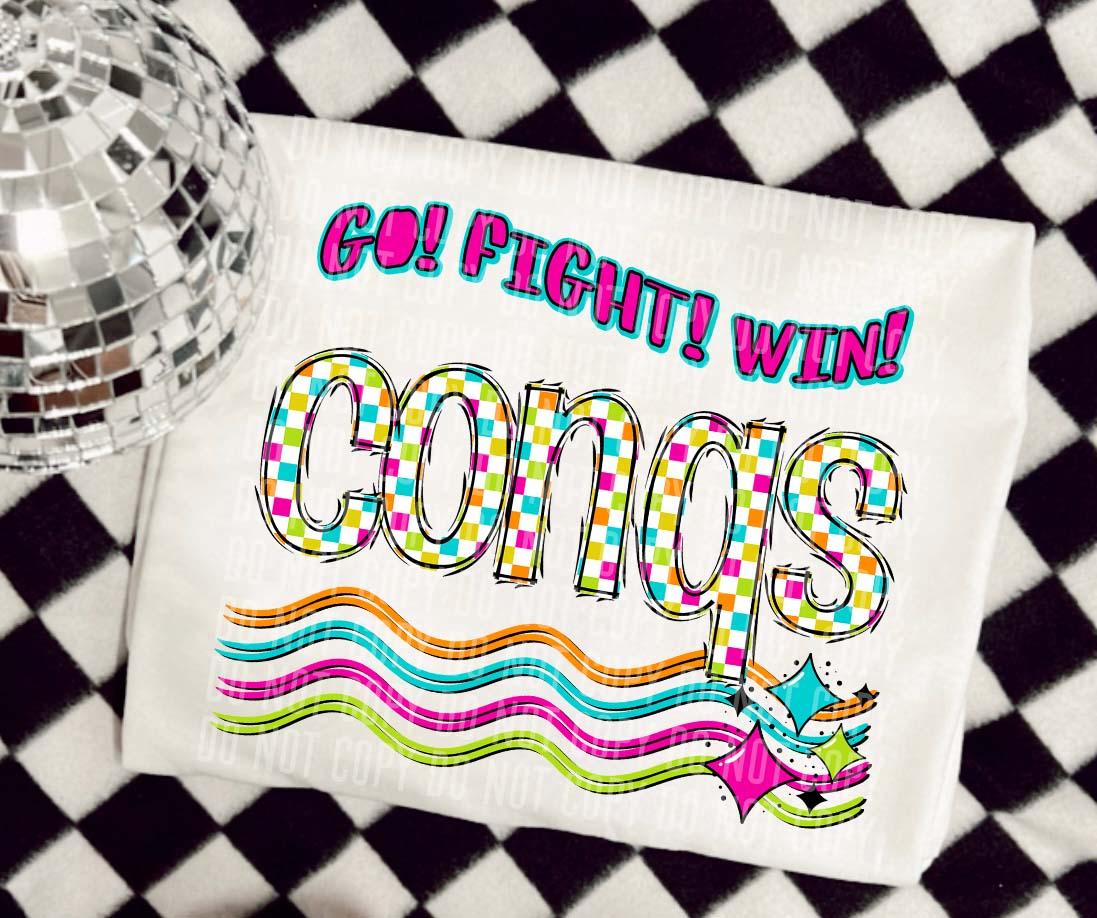Conqs Neon Checks Go Fight Win DTF Transfer