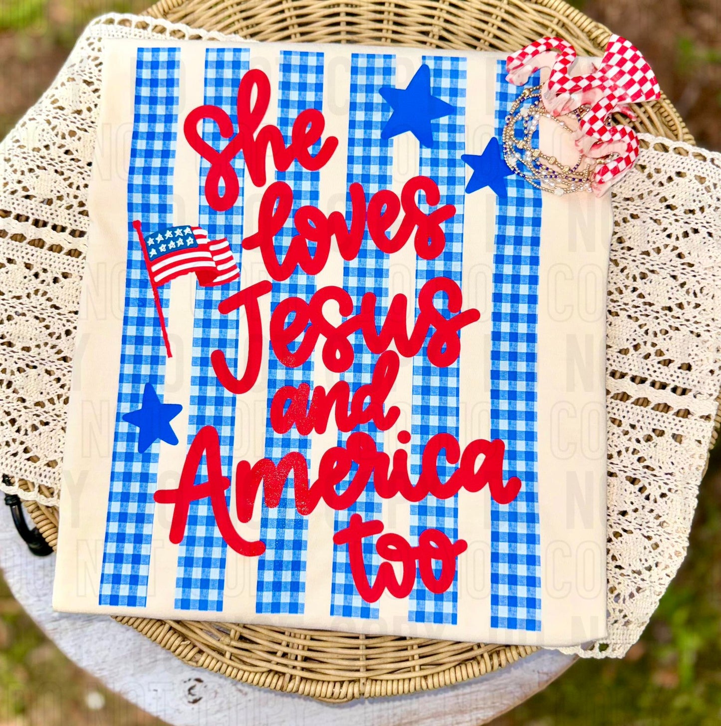 She Loves Jesus And America Too Plaid Stripes DTF Transfer
