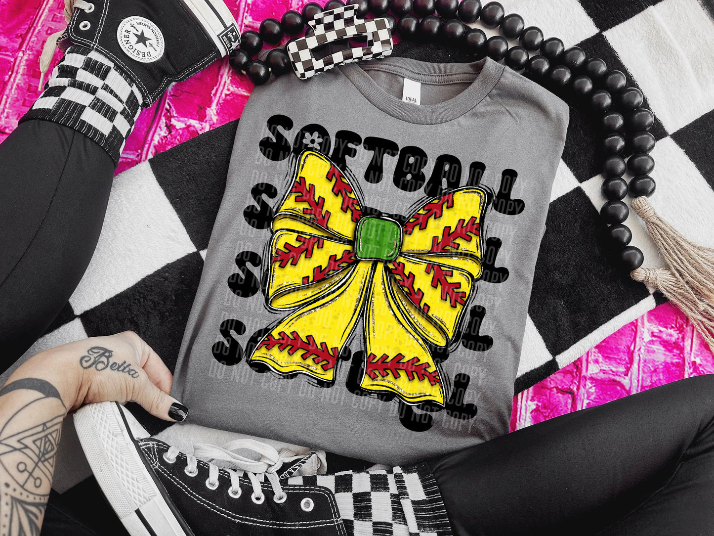 Softball Bow Stone Stacked DTF Transfer