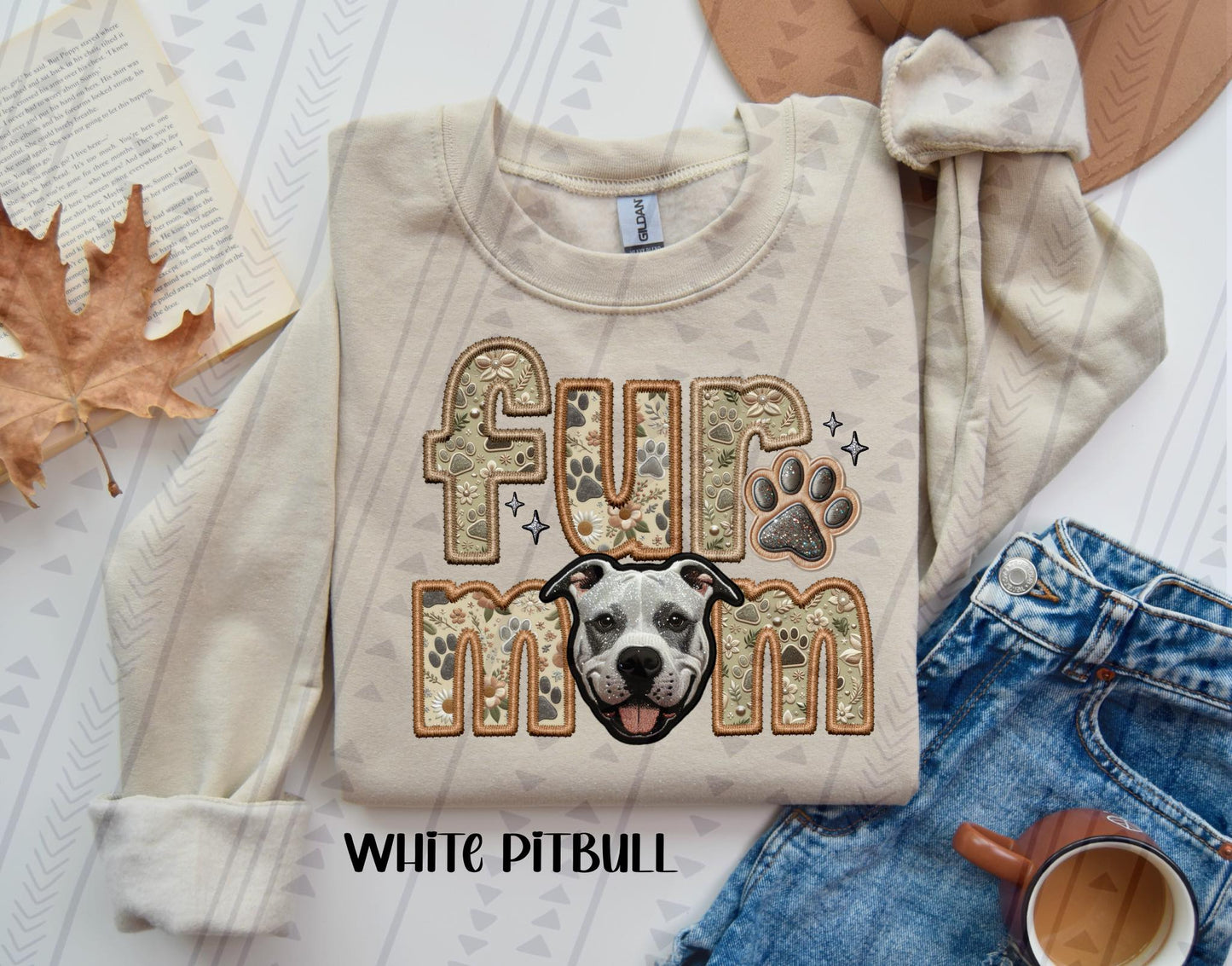 White Pitbull Fur Mom Embroidery Faux DTF Transfer