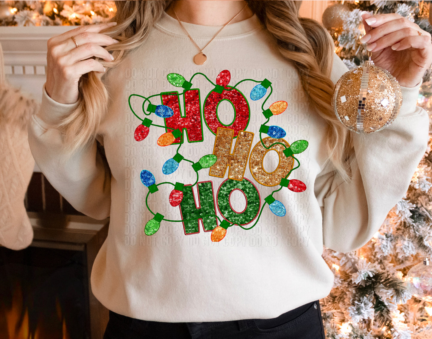 Ho Ho Ho Christmas Lights Sequin Faux Embroidery DTF Transfer