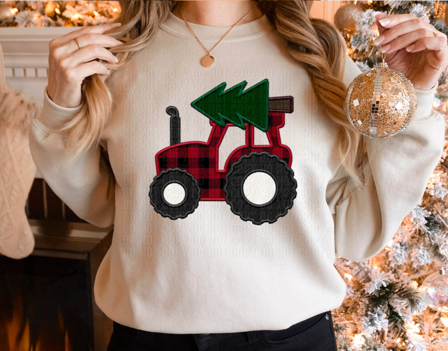 Plaid Tractor With Tree Embroidery Faux DTF Transfer